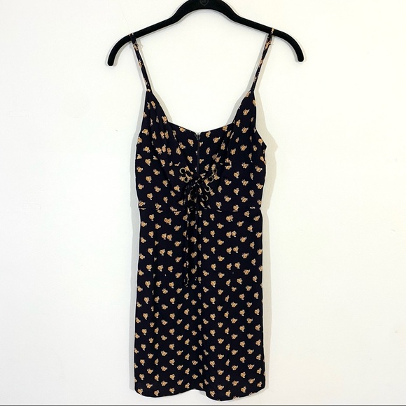 Blue Life Gia Lace Up Mini Dress Black Yellow Rose Floral Print V Neck Small - Picture 2 of 8